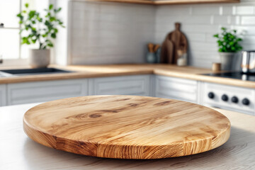 Round wooden cutting board on modern kitchen counter, white cabinets, butcher block countertops, houseplants, natural light, minimalist Scandinavian-inspired interior design