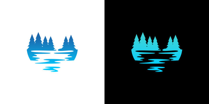 Lake forest logo vector. Pine tree lake nature abstract design illustration