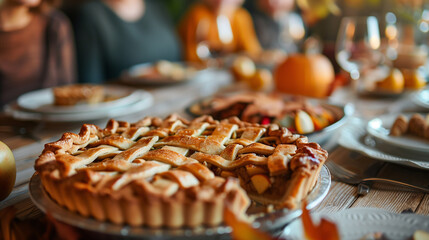 Fototapeta premium Thanksgiving family dinner. Traditional apple pie