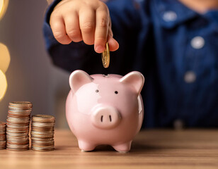 A boy's hand is putting coin into a pink piggy bank. A male child saves his money with his right hand. On the table.