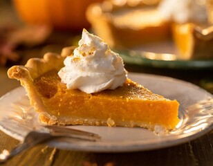 A delicious slice of fresh pumpkin pie with whipped cream.