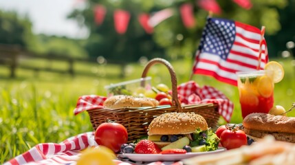 A festive picnic with American flags, burgers, hot dogs, corn, lemonade, and fruit salads for July 4th!