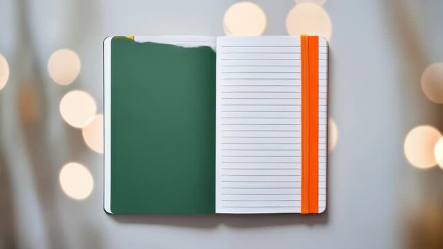 green and orange notebook opened to a blank page, placed on a light-colored surface with soft bokeh light effects in the background