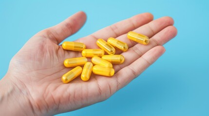 Various yellow capsules and pills on hand palm with light blue medical background