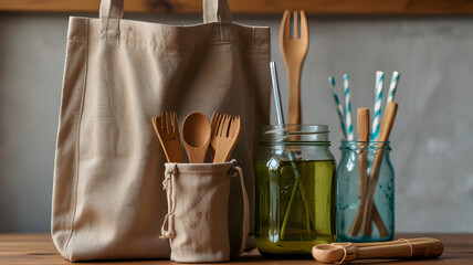 Reusable canvas shopper bag with eco friendly bamboo cutlery, metal drinking straws, glass jar and bottle. Zero waste, plastic free concept. Sustainable lifestyle