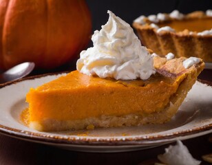 A delicious slice of fresh pumpkin pie with whipped cream.