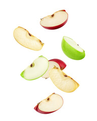 falling Apple slices isolated on white background, full depth of field