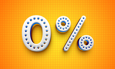 Zero percent number for 0% discount,text effect text overlapped in 3 layers, perforations around the letters. Orange and yellow background, square grid