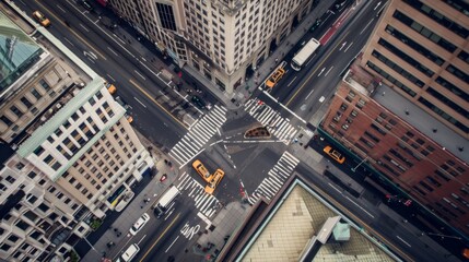 A busy city street with a crosswalk and a yellow taxi cab