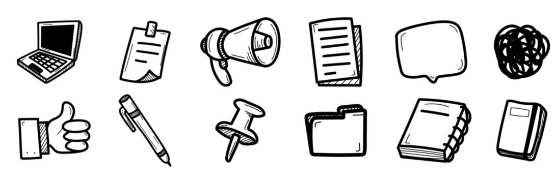 Collection de doodles dessin&eacute;s &agrave; la main sur le th&egrave;me d'outils de bureautique - Pack de pictogrammes, boutons et illustrations pour illustrer des activit&eacute;s diverses dans l'univers du travail 