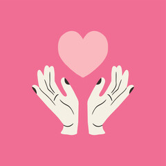 Human hands holding a heart. Concept of help, support, charity. Charity fund. Support for women in difficult situations. Vector cartoon illustration.