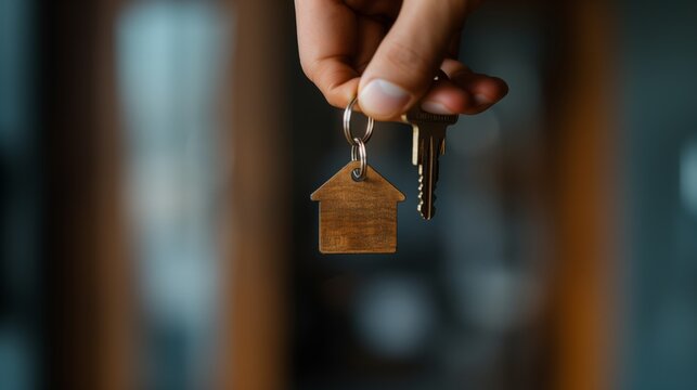 Hand holding keys with house charm against blurred background - Powered by Adobe