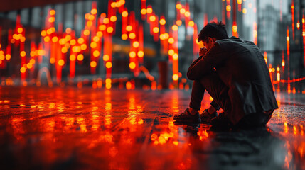 Fototapeta premium Lonely Figure in Urban Glow: A solitary figure sits dejectedly on a wet city street, bathed in the warm glow of urban lights, evoking a sense of isolation and contemplation. 