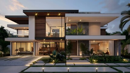 Fototapeta premium Modern Minimalist House Design With Large Windows And A Front Yard