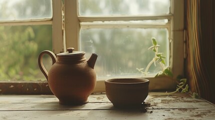 Teapot and clay cup by window Close up