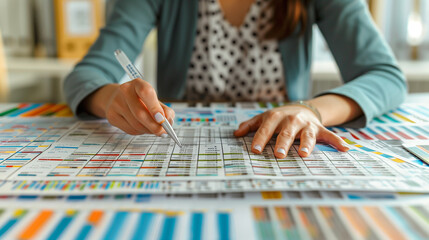 Fototapeta premium a focused businesswoman working on budget allocation and expense management at her office desk, with spreadsheets and financial statements spread out before her, perfect for themes