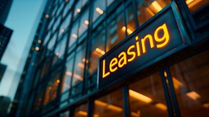 A glowing sign on a modern office building reads Leasing