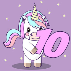 Cartoon Unicorn holding the number 10 for a 10th birthday card or party invitation