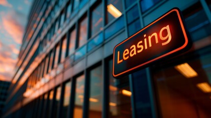 Obraz premium A red sign with Leasing in white letters hangs on the side of a modern office building