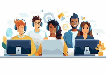 Diverse Online Technical Support Team Working in Call Center with Headsets and Computers Providing Customer Service - Vector Illustration