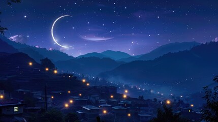 Naklejka premium Glowing crescent moon over mountain village, home lights, tranquil and serene Ramadan night atmosphere. Crescent moon sky ramadan