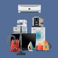 appliances. vacuum cleaner TV washing machine and iron vector appliances for comfortable lifestyle