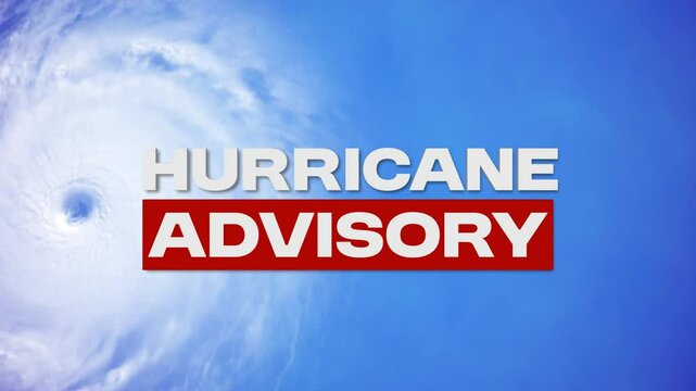 Hurricane advisory. Animated video with storm clouds in motion, tornado and text. Weather warning concept. Broadcast, news, report intro template.
