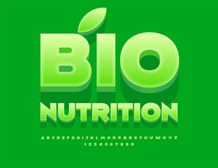 Vector eco concept Bio Nutrition. Modern Green Font. Artistic 3D Alphabet Letters and Numbers.