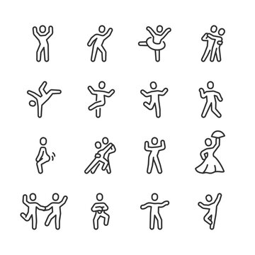 Dance, Icon Set. Various Dance Poses and Styles. Couple Dancing, Trendy Dances, Tango, Folk Dances, Twerking, Breakdance, Ballet. Line with editable stroke