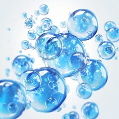 A few blue bubbles floating in the air, in the illustration style, with a white background, rendered in the style of c4d
