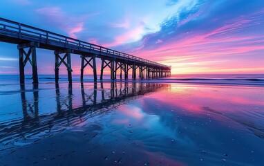 Obraz premium A beautiful beach with a pier and a sunset in the background. The sky is filled with clouds and the water is calm