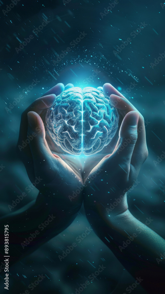 Poster Illuminating the Mind: A Glimpse into Brain Power - A captivating visual of hands cradling a luminous brain symbolizing creativity, intelligence, knowledge, innovation, and mindfulness.