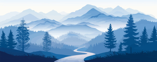 Serene mountain landscape with pine trees and a winding path Vector flat minimalistic isolated illustration