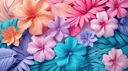 Abstract 3D blossoms and leaves in vibrant hues, forming an eye-catching background