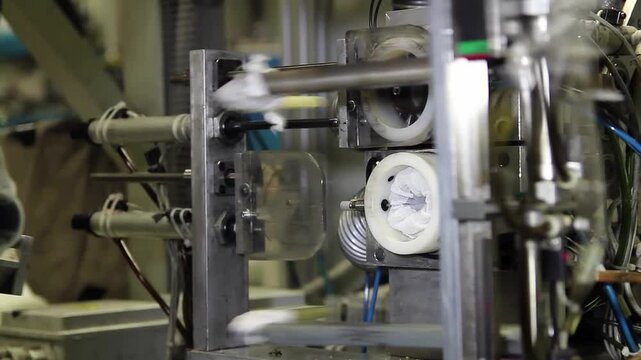 Industrial Mechatronics - Textile Industry Robotic Arm in Action. Pantyhose Manufacturing. Automated Production in Garment Factory. Factory Automation. Automatic Socks Production Line.