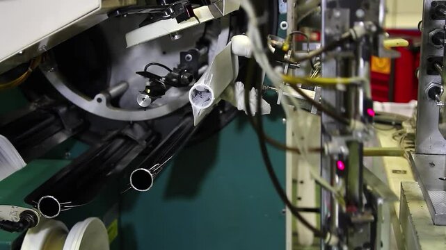 Pantyhose Manufacturing - Industrial Mechatronics. Automated Production in Garment Factory. Robotic Arm in Textile Industry. Hosiery Manufacturing. Factory Automation. Automatic Socks Production Line.