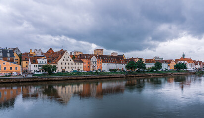 Panoramic view of Regensburg's old town on the Danube in Germany.