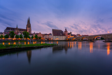 Panoramic view of Regensburg's old town on the Danube in Germany.