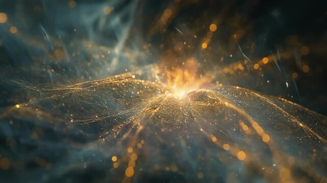 Glowing particles form a complex network in dark space, creating an abstract visual effect. This radiant scene appears otherworldly, with bright orange and golden lights intertwining against the