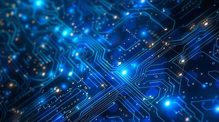 Abstract Circuit Board Design with Glowing Blue and Yellow Lights