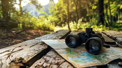 Binoculars and map laid out on a picnic table