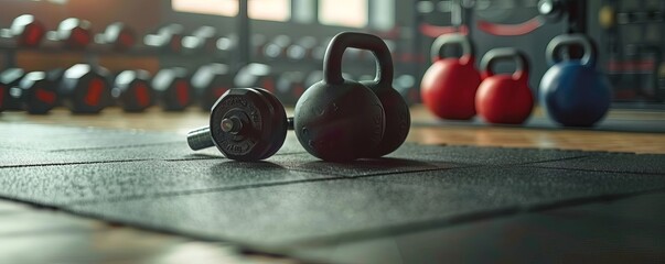 Dumbbells and kettlebell on a gym floor