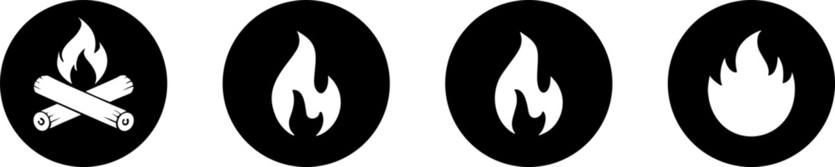 Fire flat icons set, flames, flame silhouette of various shapes, black background, bonfire vector illustration