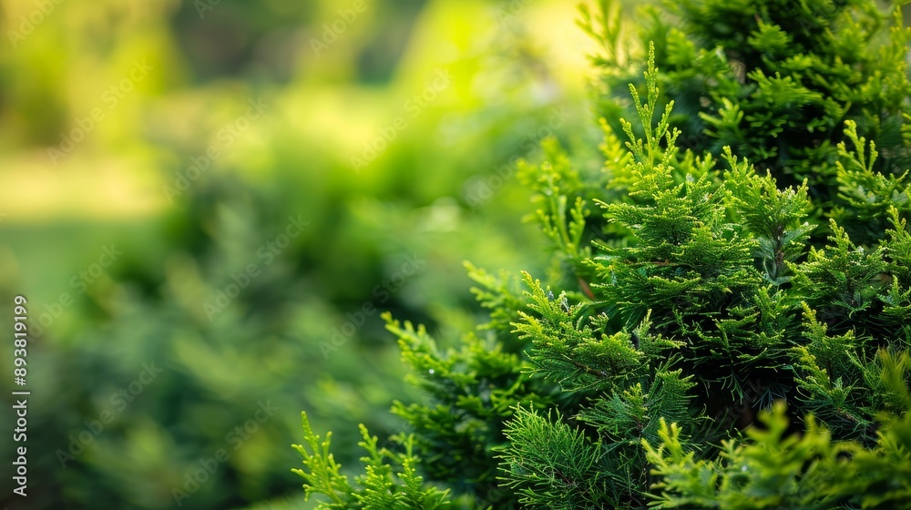 Poster Lush Green Shrubs in Natural Setting - A vibrant close-up of lush green shrubs embodying tranquility, nature, growth, serenity, and freshness in a beautiful outdoor environment.