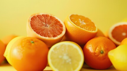 Citrus fruits - orange oranges, pink grapefruits and yellow tangerines - on a light yellow background, exuding freshness and vitamins. 