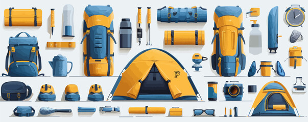 Outdoor gear and camping essentials on a clean white surface. Vector flat isolated illustration.