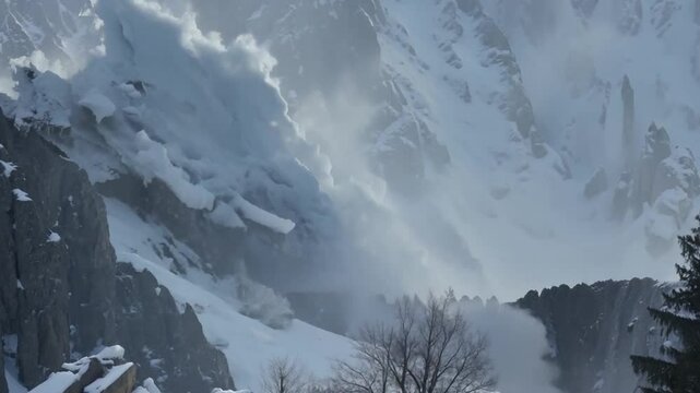 This large avalanche of snow descends a mountainside, creating a cloud of white.