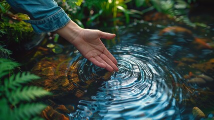 A person's fingertips lightly brushing against the surface of a calm pond, showing the gentle pressure and sensitive feel of the water.