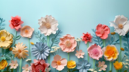 An arrangement of colorful paper flowers on a light blue background