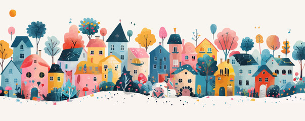 A whimsical village populated by anthropomorphic animals. Vector flat minimalistic isolated illustration.